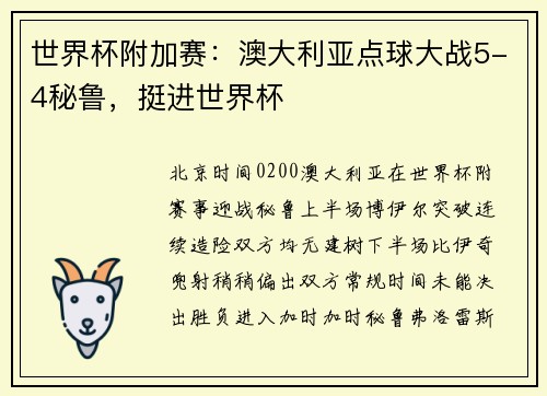 世界杯附加赛：澳大利亚点球大战5-4秘鲁，挺进世界杯