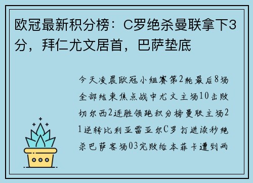 欧冠最新积分榜：C罗绝杀曼联拿下3分，拜仁尤文居首，巴萨垫底