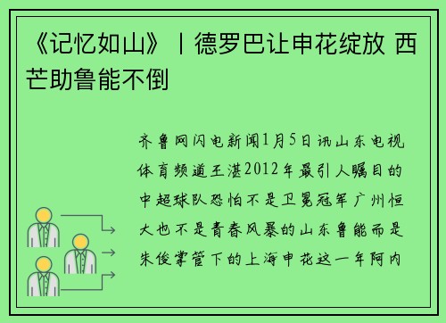 《记忆如山》丨德罗巴让申花绽放 西芒助鲁能不倒