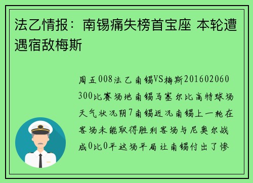 法乙情报：南锡痛失榜首宝座 本轮遭遇宿敌梅斯